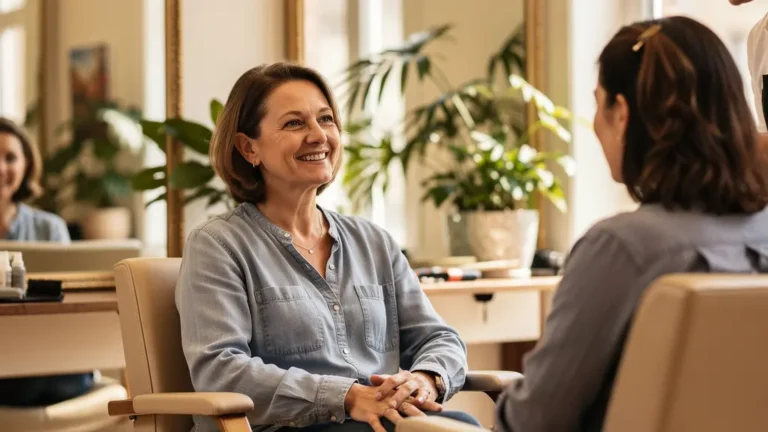 Femme en consultation coiffure personnalisée dans un salon élégant de Neuilly