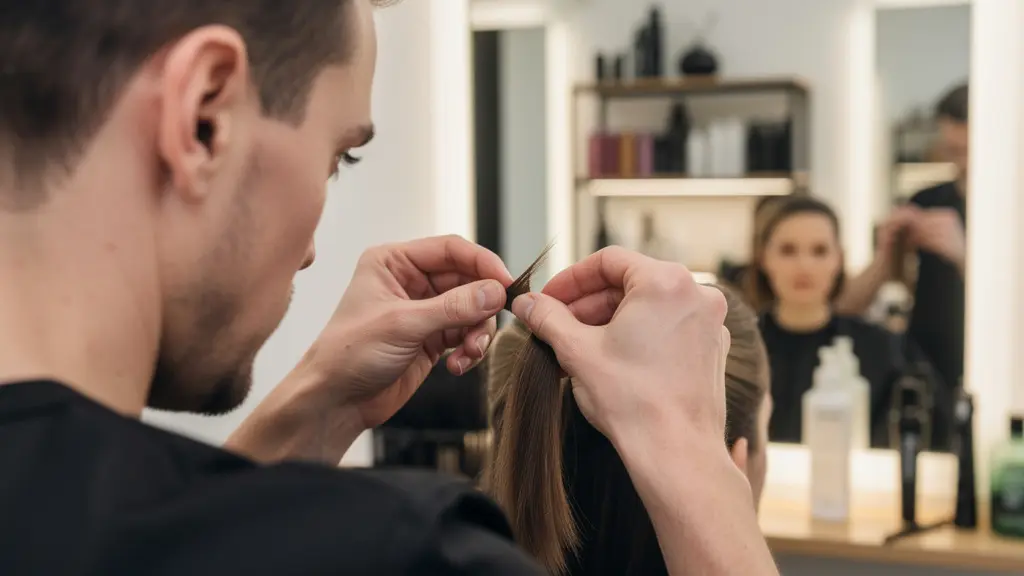 Coiffeur-visagiste analysant une mèche de cheveux lors d'un diagnostic capillaire personnalisé