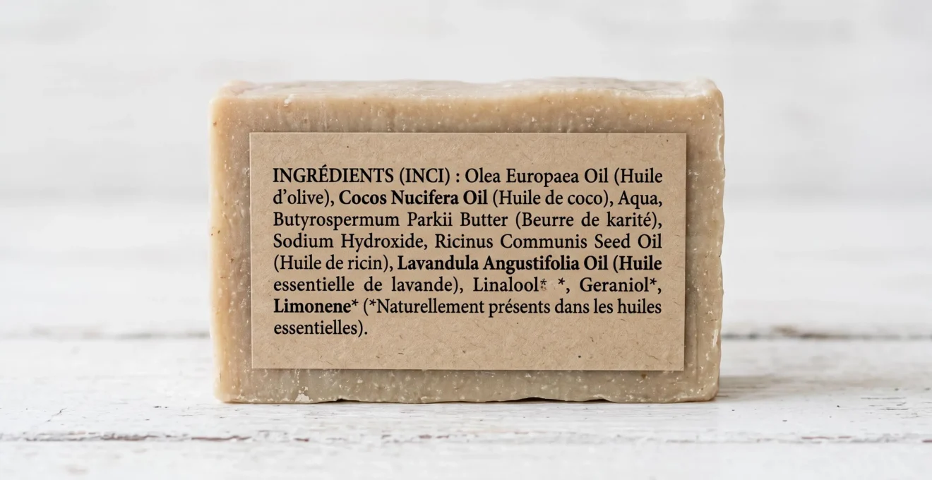 Gros plan sur l'étiquette INCI au dos d'un savon solide artisanal, affichant la liste des ingrédients avec noms latins des huiles végétales en tête de liste