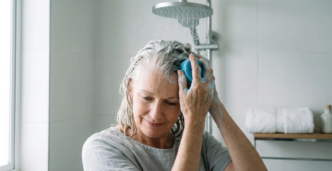 Femme aux cheveux blancs mouillés massant son cuir chevelu avec un galet de shampoing solide bleu sous la douche, mousse visible sur les racines, dans une salle de bain contemporaine épurée