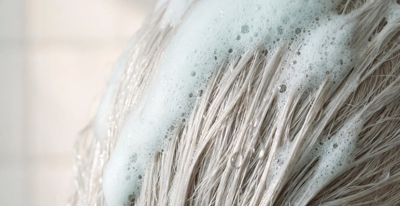 Gros plan macro sur mèches de cheveux blancs mouillés recouvertes de mousse crémeuse bleu pâle avec texture aérienne et gouttelettes d'eau visibles