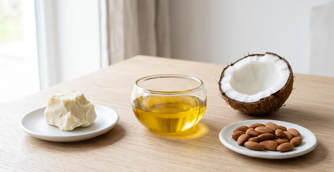 Composition d'ingrédients végétaux bruts pour cosmétiques solides : coupelle d'huile de coco dorée, morceau de beurre de karité ivoire, demi-noix de coco et amandes sur table en bois clair