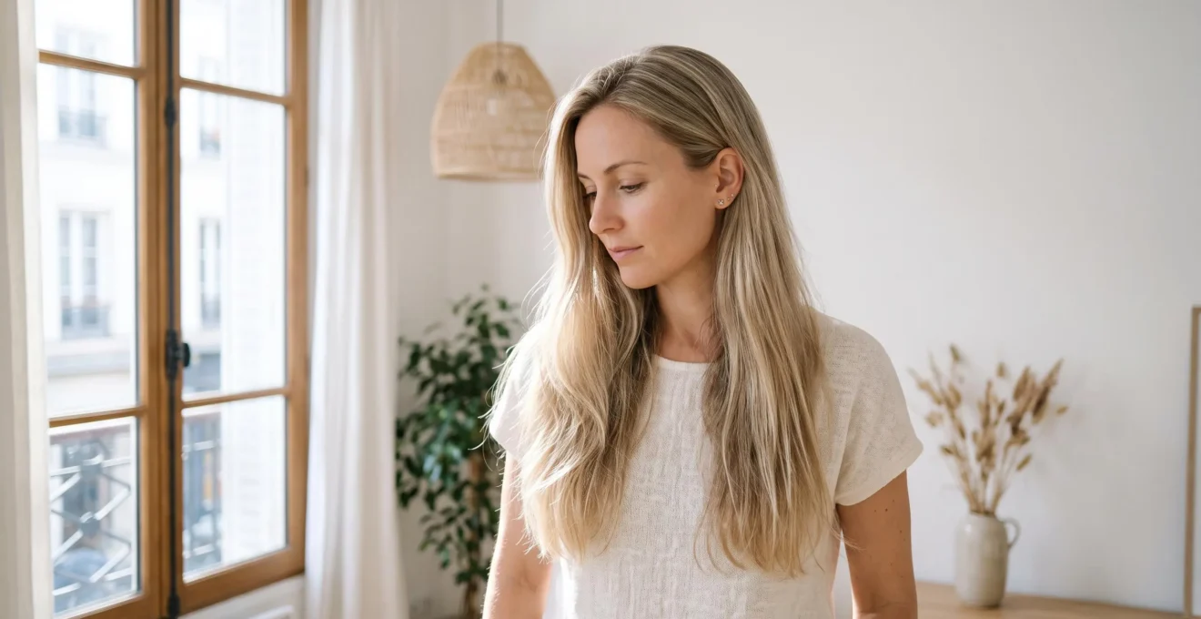 Portrait de femme aux longs cheveux blonds naturels brillants et sains, séchés, avec reflets dorés-argentés lumineux, dans un intérieur baigné de lumière naturelle