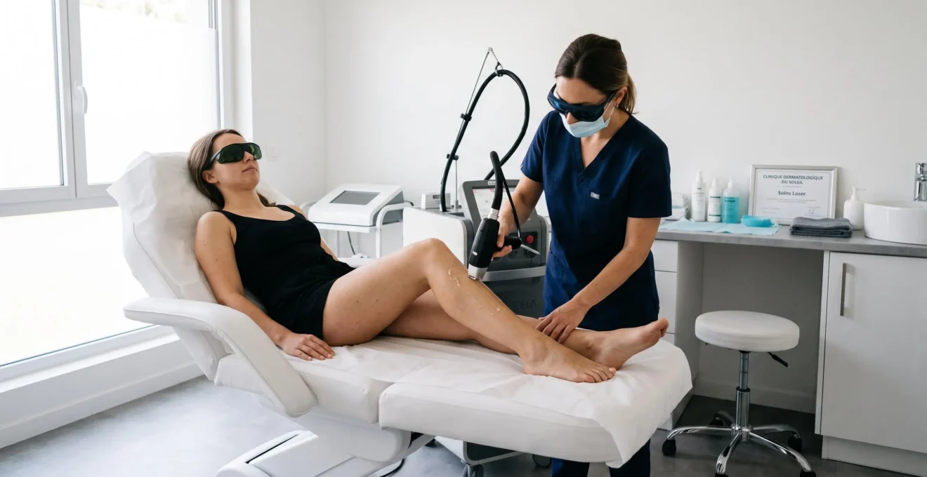 Une esthéticienne réalise une séance d'épilation laser sur la jambe d'une cliente en cabine.
