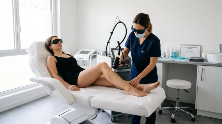 Une esthéticienne réalise une séance d'épilation laser sur la jambe d'une cliente en cabine.