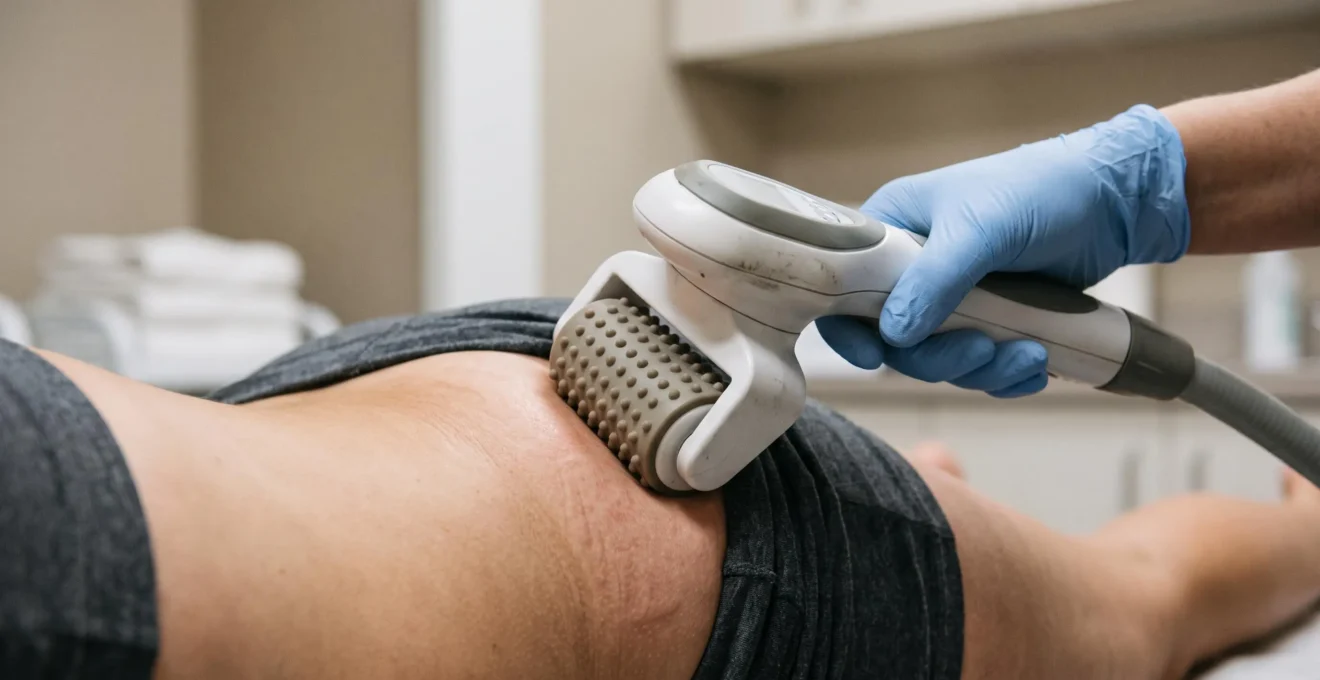 Gros plan sur la tête de massage à rouleaux en contact avec la peau pendant la séance.