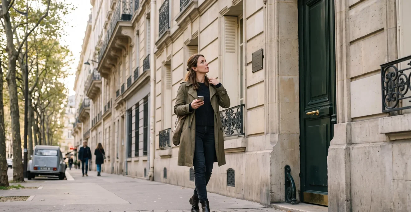 Une femme cherche l'entrée d'un institut esthétique dans une rue parisienne.