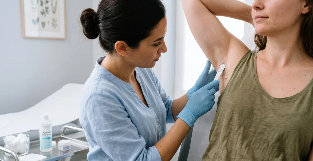Une praticienne applique un gel apaisant sur l'aisselle d'une patiente après le tir laser.
